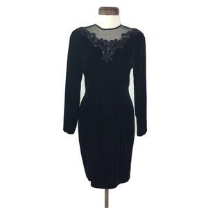Ms. Chaus Vtg Black Velvet Silk Neckline Beaded Se